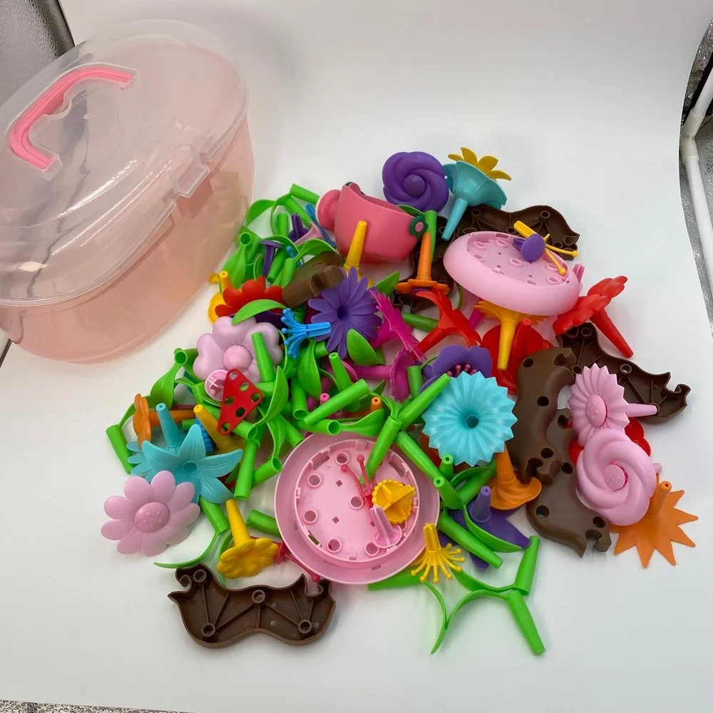 Flower Garden Building STEM Toy Set Kids DIY Floral Bouquet Stacking Pieces Case